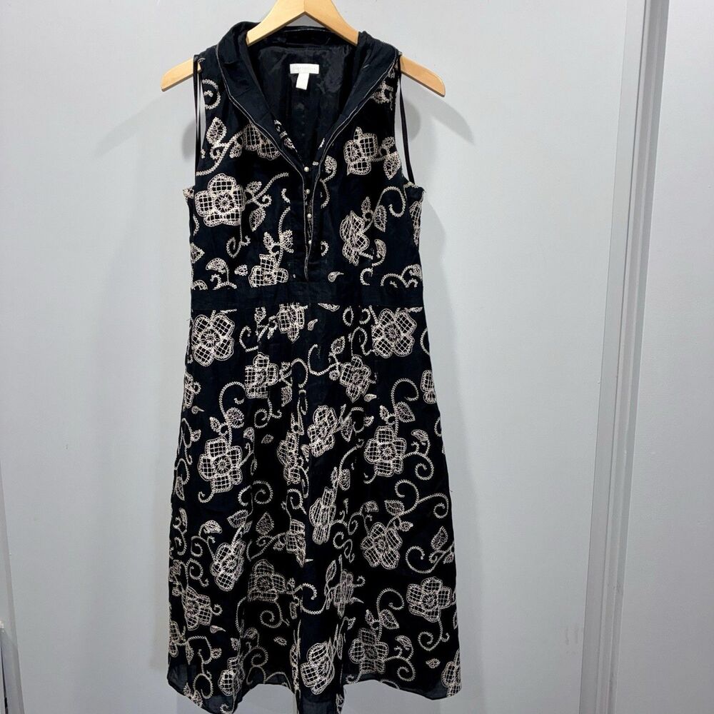 Black Floral‎ Scroll Embroidered Midi Dress Sz 14 Collar Sleeveless Pearl Button